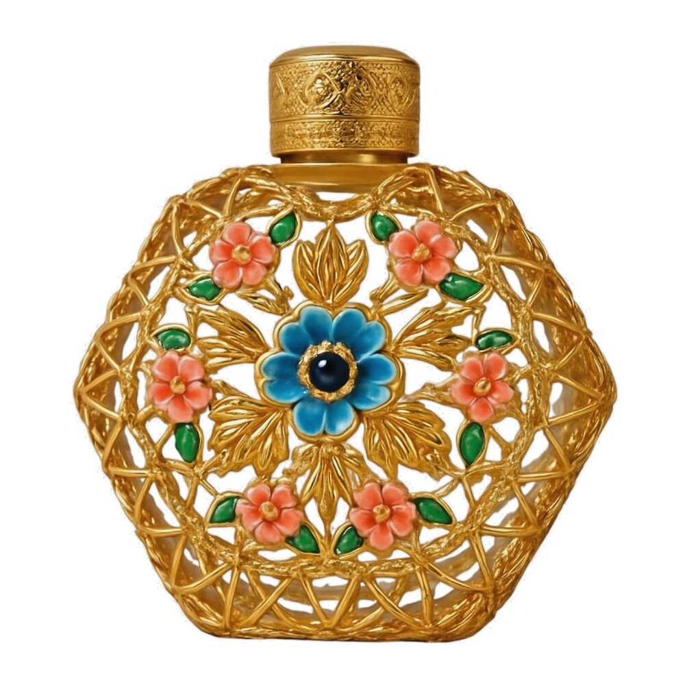 CZECH Glass and Metal Filigree Enamel Flower Perfume Bottle VINTAGE